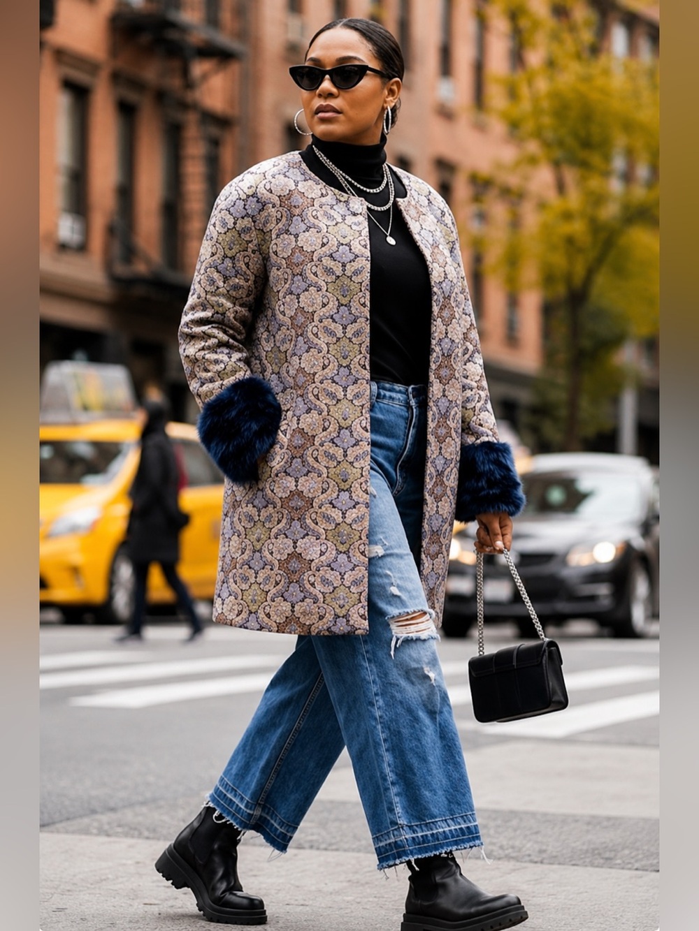 La Bellum Hillary Scott 2X Tapestry Coat Removable Faux Fur Cuffs Brocade
